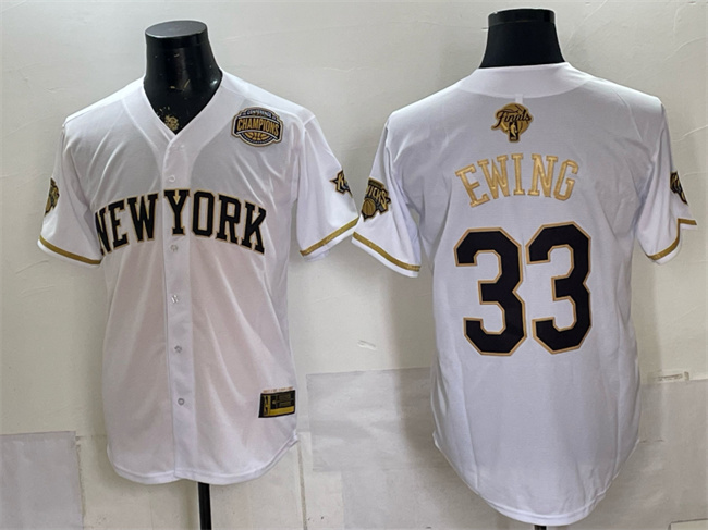 Men's New York Knicks #33 Patrick Ewing White/Gold 2026 Finals & Eastern Conference Champions Patch Stitched Baseball Jersey